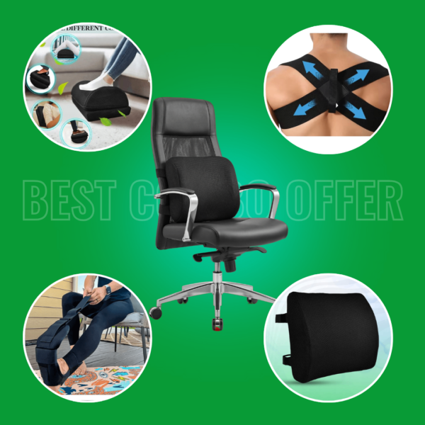 Back Support + Foot rest + Posture Belt + Stretching Strap